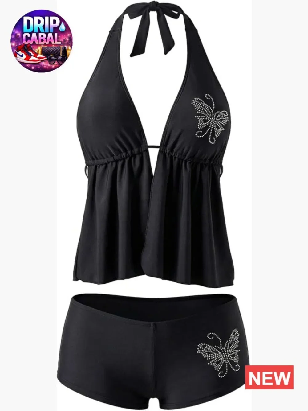 Rhinestone Halter Tankini Top with Boyshort Bottoms
